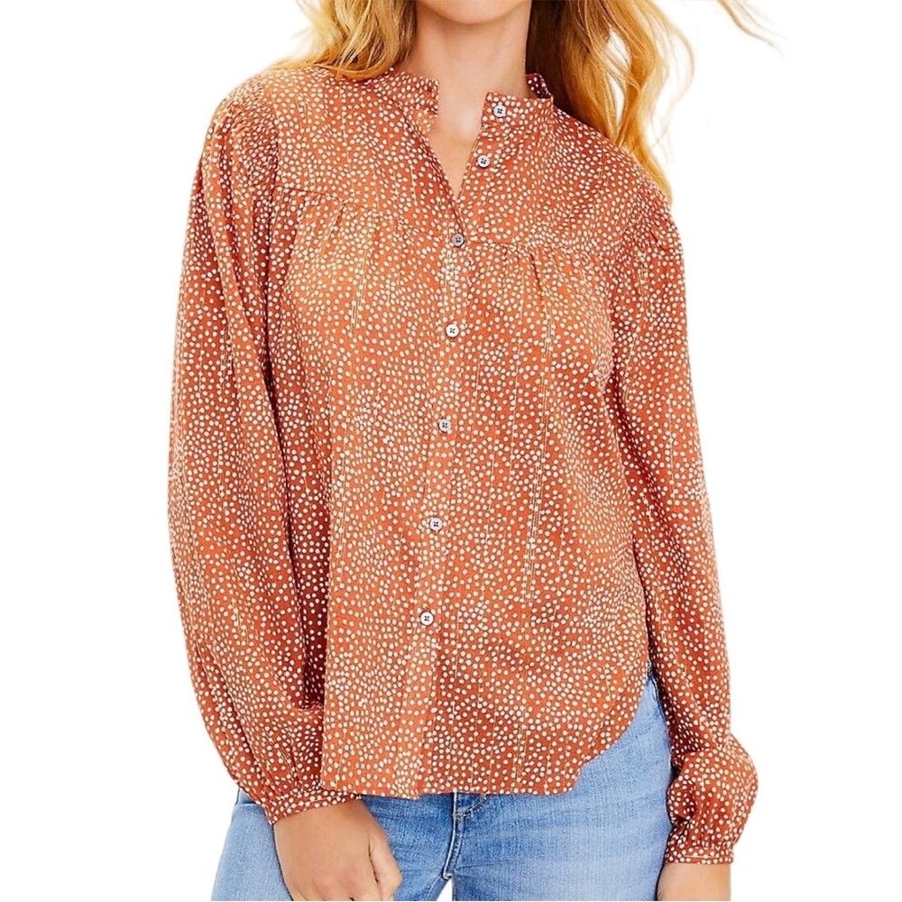 Women’s New Loft Orange Shimmer Stripe Dotted Cotton Polka Dot Blouse Size XS